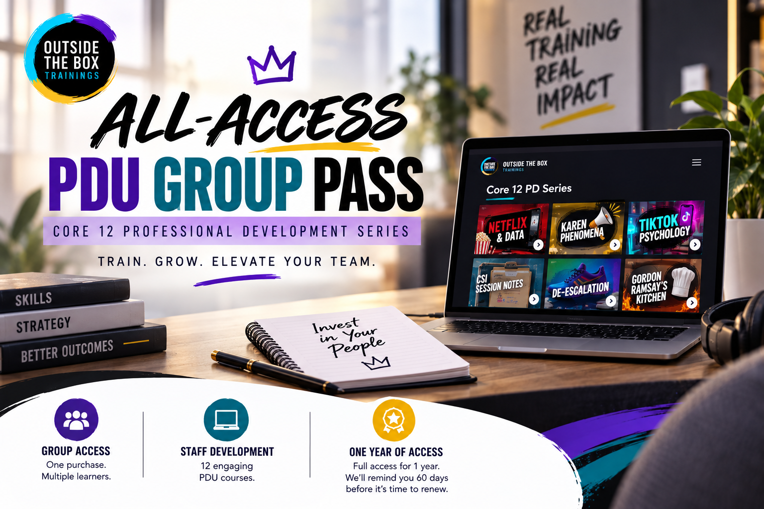 Core 12 PDU Series featuring group access, 12 staff development courses, and one year of access